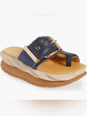 4CCCCEES Mellow Glow Indigo Navy Leather Platform Sandal Gold Buckle Sz 39 Euc